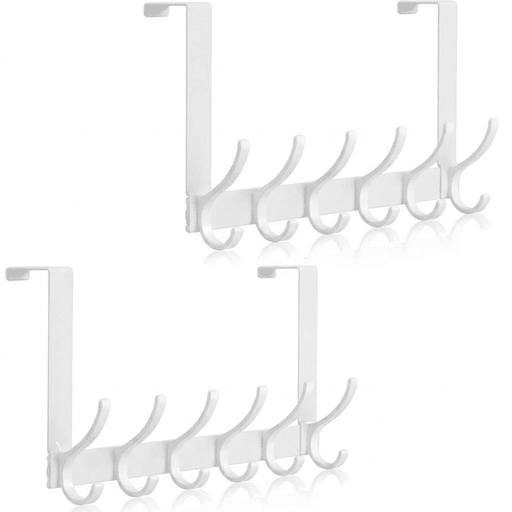 Peasulin 2 Pack Classic White Extended Deep Hooks Heavy Duty Over the Door Hooks, 6 Hook Door Hanger, Space Saving Coat and Towel Organizer, Durable Metal Closet Storage, Fits Most Doors