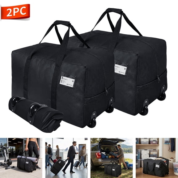 2-Pack 92L Black Heavy Duty Wheeled Duffel Bags, Foldable with Zippers for Moving Travel Storage