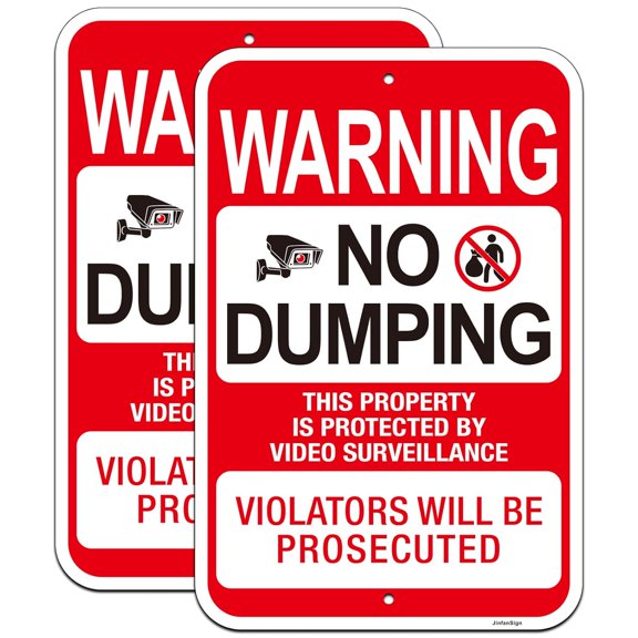 (2 Pack) Large No Dumping Signs, 8"x12" Property Protected by Video Surveillance Sign, Engineer Grade Rust Free Reflective Aluminum, Fade/Weather Resistant, UV Protected, Easy to Install