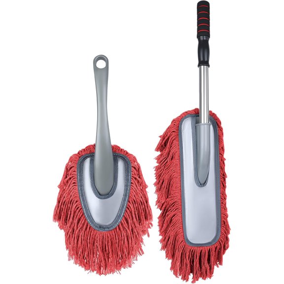 2 Pack Large Duster Exterior Scratch Free with Extendable Handle and Duster Interior, Wax Hair Dusters (Red)