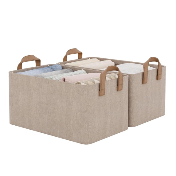 2-Pack Large Fabric Storage Bins with Metal Frame & Handles, Closet Organizers for Shelves, Natural Color Storage Baskets