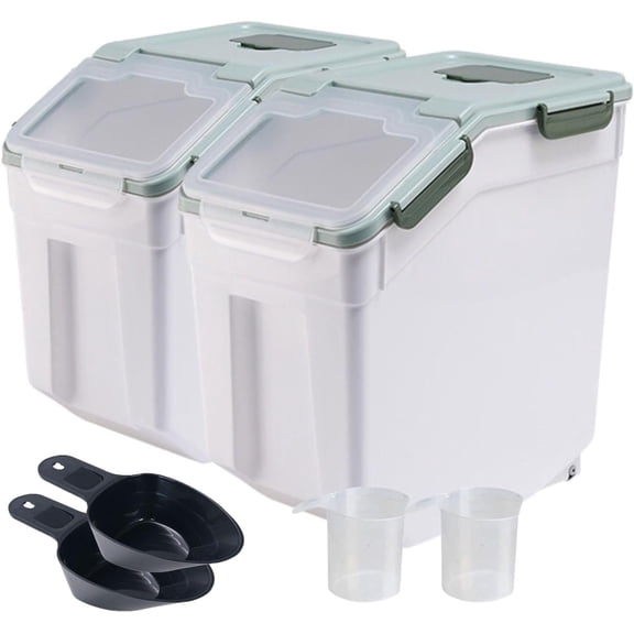 2 Pack Large Flour Storage Container 50 lb Airtight Rice Storage Container with Lid, Wheels, Measuring Cup, Scoop, Plastic Flour Sugar Bin Organizer for Grain Cereal, Rice Dispenser (Green)