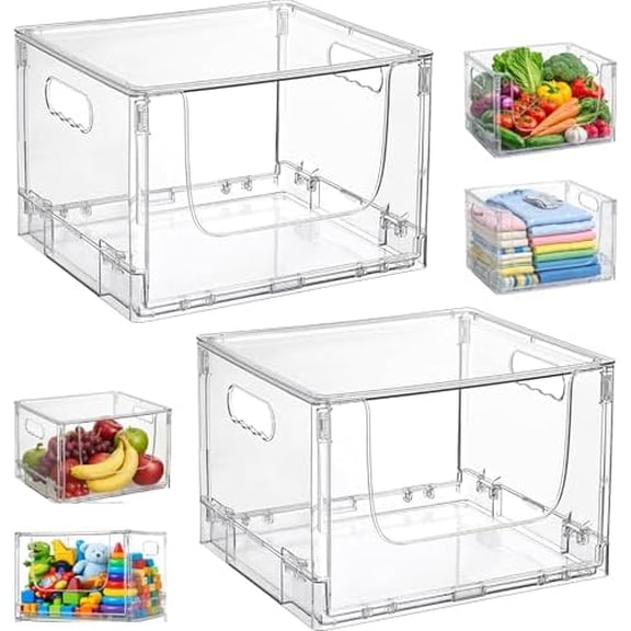 2 Pack Large Foldable Open Front Storage Bins with Lids, Stackable Clear Plastic Container Organizer for Pantry, Kitchen, Cabinet, Bathroom, Closet Organizers and Storage