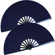 2 Pack Large Folding Hand Fan, Black Chinese Kung Fu Tai Chi Fan Nylon-Cloth Fan For Men And Women Performance, Dance, Decorations, Festival, Gift Folding fan black 2p