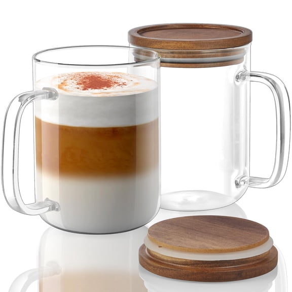 2 Pack Large Glass Coffee Mugs with Acacia Wood Lids, Flat Bottom Clear Glass Tea Cups with Handle, Stylish Drinkware Set for Home