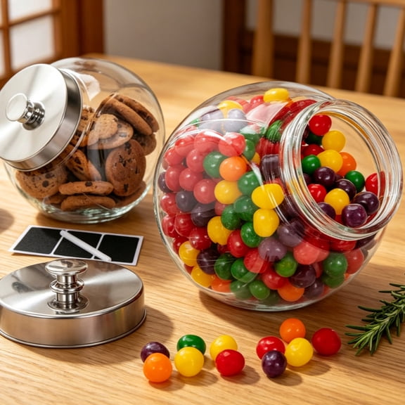 2 Pack Large Glass Cookie Jars with Airtight Lid, Food Storage Canister with Marks and Labels, Multi-Purpose Container for Candy, Coffee, Coins, Laundry Powder, Kitchen Counter & Buffet Decor
