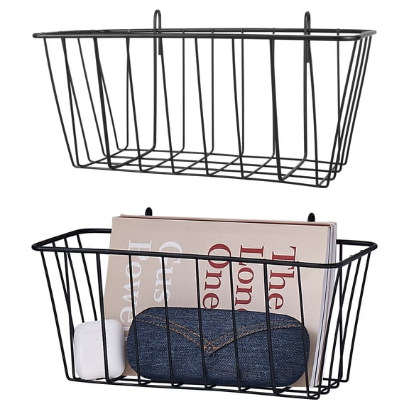 2 Pack Large Grid Wall Baskets - Gridwall Accessories Set Black Metal Hanging Shelf Basket Bins Organizer - Modular Storage Holders for Photo Display Panel Shelving Caddy for Garage