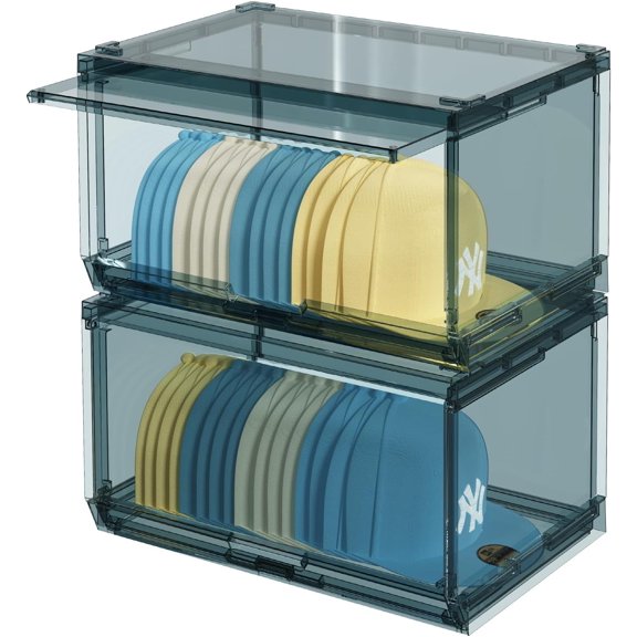 2 Pack Large Hat Organizer Box, Stackable Clear Baseball Caps Holder Box Containers with Sliding Door for Hats Snapback Cap Storag, Hat Rack Display Case, Holds 20 Hats Each -Blue