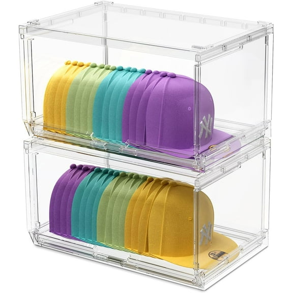 2 Pack Large Hat Organizer Box, Stackable Clear Baseball Caps Holder Box Containers with Sliding Door for Hats Snapback Cap Storag, Hat Rack Display Case, Holds 20 Hats Each -Clear