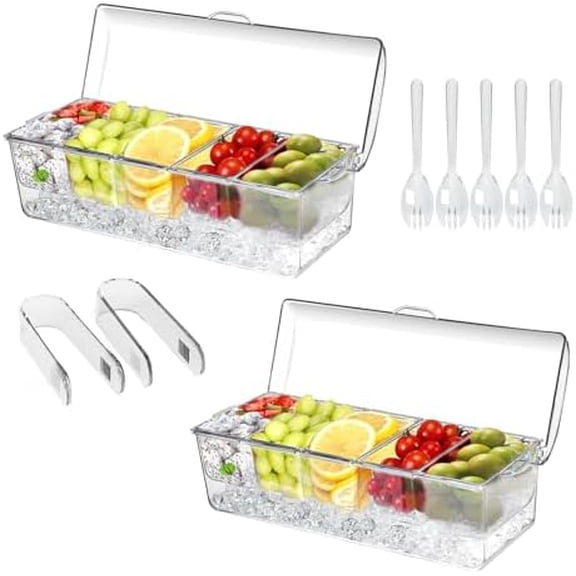 2-Pack Large Ice-Chilled Condiment Caddies with 5 Removable Compartments & Lids - Versatile Serving Trays for Fruit, Garnishes, Parties, and Bar Accessories