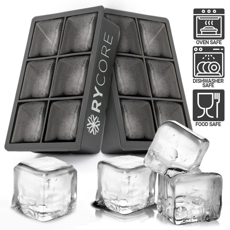 2 Pack, Large Ice Cube Tray for Whiskey Cocktail - 2 Square Silicone Mold,  Dishwasher & Oven Safe Ice Trays - Black 