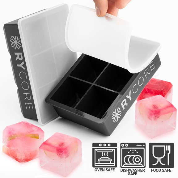 2 Pack, Large Ice Cube Tray with Lid for Whiskey Cocktail - 2" Square Silicone Mold, Dishwasher & Oven Safe Ice Trays - Black