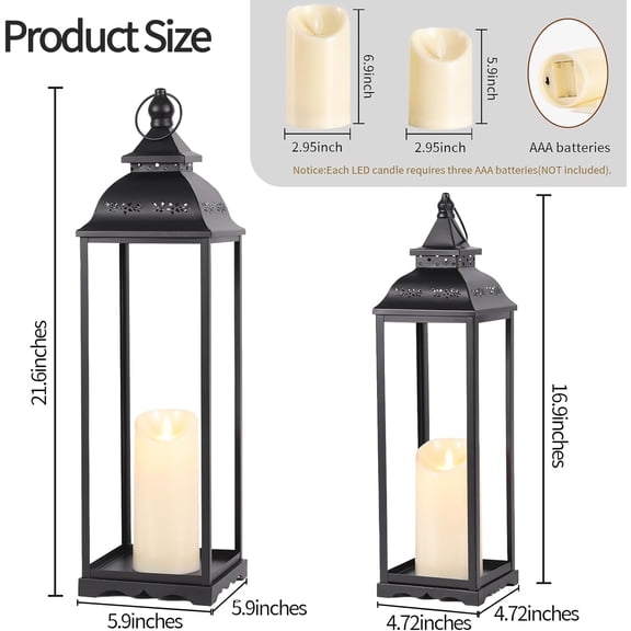 2 Pack Large Lanterns Decorative Indoor, Black Farmhouse Outdoor Lantern for Porch, Tall 22'' 17'' Lantern Decor (no Glass) with 2PCS Flameless Candles for Wedding Home Table Front Door
