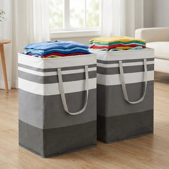 2 Pack Large Laundry Basket, Waterproof Collapsible Laundry Hamper with Heavy-Duty Reinforced Handles, Freestanding Clothes Bag in Home Dorm Bathroom BedroomGrey/75L)