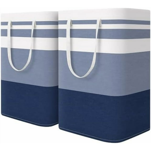 2-Pack Large Laundry Basket, Waterproof, Freestanding Laundry Hamper, Collapsible Tall Clothes Hamper with Extended Handles for Clothes Toys in the Dorm and Family (Blue, 75L)