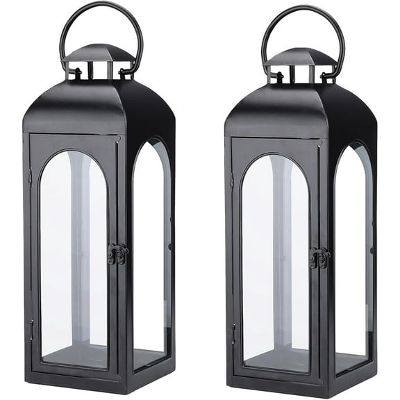2 Pack Large Luxury Lantern Decorative Tall 20 Inches Black Metal Hurricane Lanterns with Clear Glass Panels for Front Porch,Tabletop, Mantle, Wall Hanging, or Garden Display, Indoor & Outdoor Use