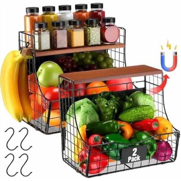 2 Pack Large Magnetic Shelf for Refrigerator with Wood Lid Magnetic Fridge Organizer Counter wall Mounted Onion and Potato Storage Metal Wire Storage Shelf Hooks for Kitchen Counter Cabinet Organizer
