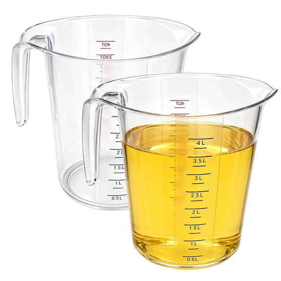 2 Pack Large Measuring Cups, 4 Quart Clear Liquid Containers with Handle and Scale, Food-Safe Transparent Kitchen Baking, Restaurant Mixing, Bar Beverage Prep