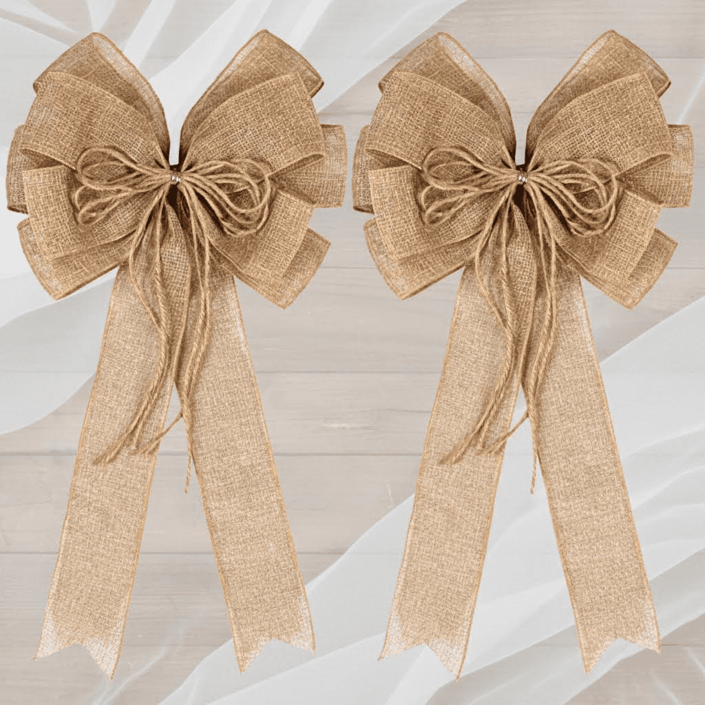 2 Pack Large Natural Jute Rope Bows for Wreaths and Crafts, Rustic Farmhouse Style Decoration for Tree Topper, Gift Wrapping, Wedding, Holiday Party, and Front Door Decor