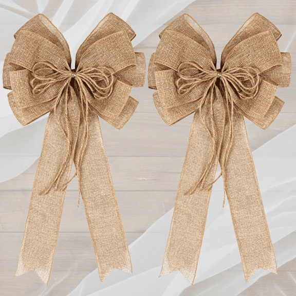 2 Pack Large Natural Jute Rope Bows for Wreaths and Crafts, Rustic Farmhouse Style Decoration for Tree Topper, Gift Wrapping, Wedding, Holiday Party, and Front Door Decor