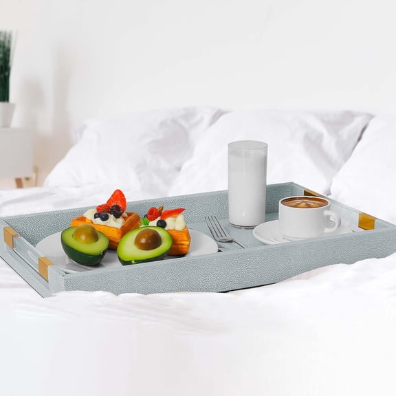 2 Pack Large Ottoman Tray Shagreen Decorative Tray Serving Tray with Acrylic Gold Handles, Ice Blue Vegan Leather Coffee Table Tray for All Occations Home Decor