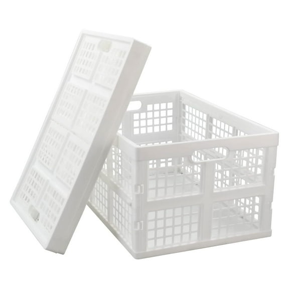 2-Pack Large Plastic Collapsible Storage Crate, 42 L Folding Storage Basket, White
