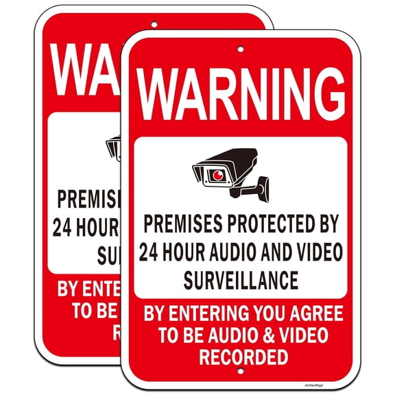 2 Pack Large Premises Protected by 24 Hour Audio and Video Surveillance Sign, 18"x12" Engineer Grade Reflective Aluminum, Fade/Weather Resistant, UV Protected, Indoor/Outdoor Use, Easy to Install