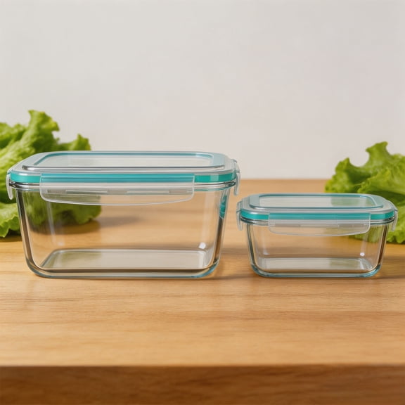 2-Pack Large Rectangular Glass Food Storage Containers, Leakproof Teal Seal Lidded Boxes for Meal Prep, Fridge Organization, Leftovers and Salads