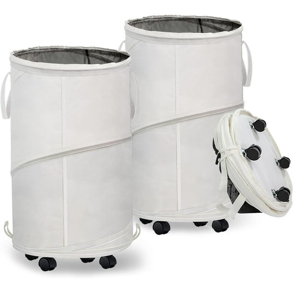 2-Pack Large Rolling Laundry Baskets, Collapsible Freestanding Laundry Hamper with Handles, Oxford Pop-Up Clothes Hamper for Clothes Toys, Ideal for Dorm Family Travel Use - Beige, 80L