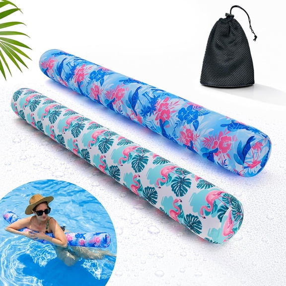 2 Pack Large Soft Fabric Inflatable Pool Noodle Floats, Quick Dry High Buoyancy Water Floating Sticks with Portable Storage Bag, Flamingo & Turtle Print Float for Pool Beach Party Leisure