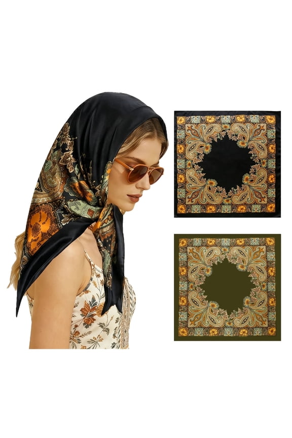 2 Pack Large Square Satin Head Scarf, 35.5 Inch Bandana, Black & Green Hair Wrap for Women.