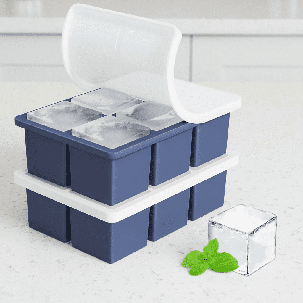 2-Pack Large Square Silicone Ice Cube Tray with Lid for Whiskey Cocktails, 2-Inch Huge Ice Cube Maker Mold for Drinks, Big Cubed Ice Trays for Old Fashioned