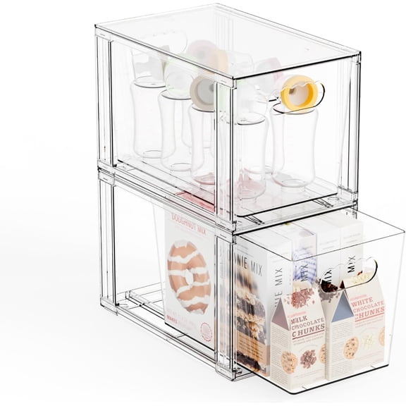 2 Pack Large Stackable Clear Storage Drawers, 11" Deep Under Cabinet Organizer, Pull Out Acrylic Bins for Baby Bottles, Snacks, Medicine, Makeup Storage