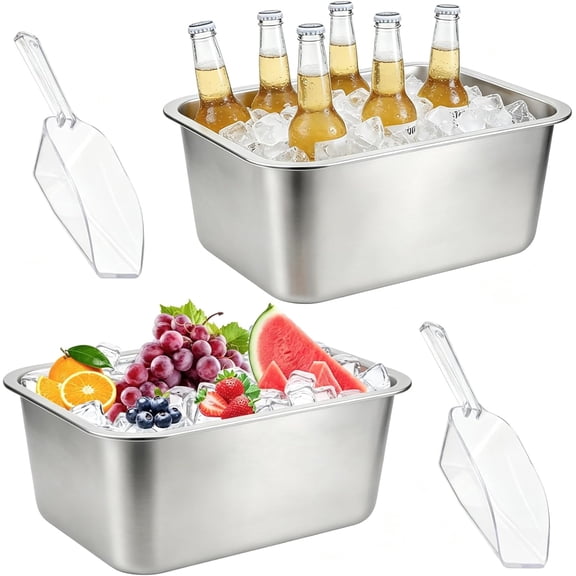 2 Pack Large Strainless Steel Beverage Tub with Ice Scoops, Beer Bucket Drink Cooler Champagne Chiller Cube Bin for Freezer Cocktails Wine Cooling Mimosa Bar Supplies