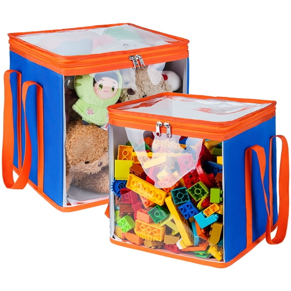2 Pack Large Toy Storage Bins with Transparent Lids & Handle, Clear Foldable PVC Cube Organizer Boxes for Magnetic Tiles, Dolls, Clothes, Books (Blue)