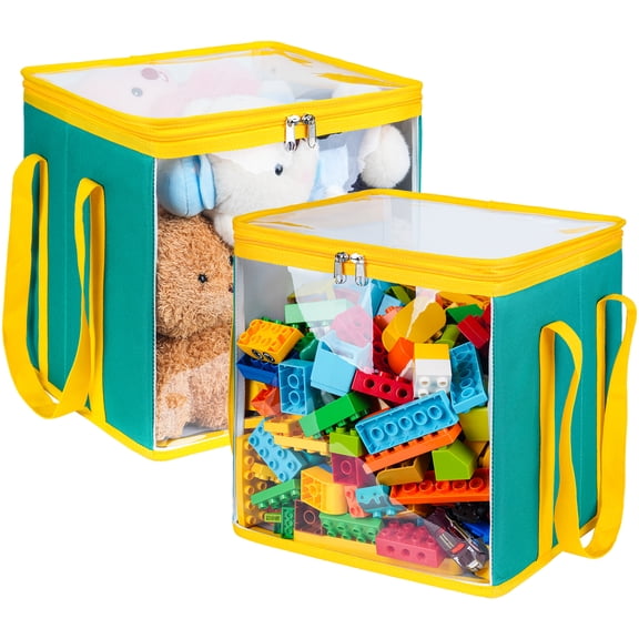 2 Pack Large Toy Storage Bins with Transparent Lids & Handle, Clear Foldable PVC Cube Organizer Boxes for Magnetic Tiles, Dolls, Clothes, Books (Green)