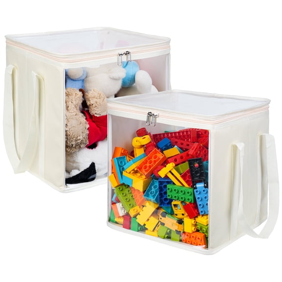 2 Pack Large Toy Storage Bins with Transparent Lids & Handle, Clear Foldable PVC Cube Organizer Boxes for Magnetic Tiles, Dolls, Clothes, Books (Off-White)