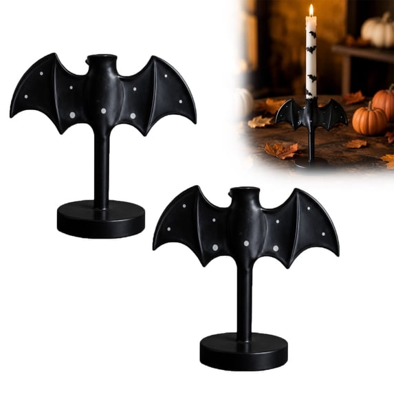 2 Pack Large Twinkle Bat Candlestick, Halloween Candelabra, Gothic Bat Candle Holder Halloween Mantel Decor for Home Ghost Spooky Party Dinner Table Birthday