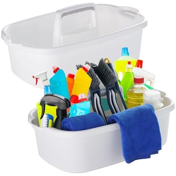 2-Pack Large White Cleaning Caddy for Cleaning Supplies with Handle - Portable Plastic Tote Organizer for Shower, Bathroom, Kitchen, Under Sink Storage