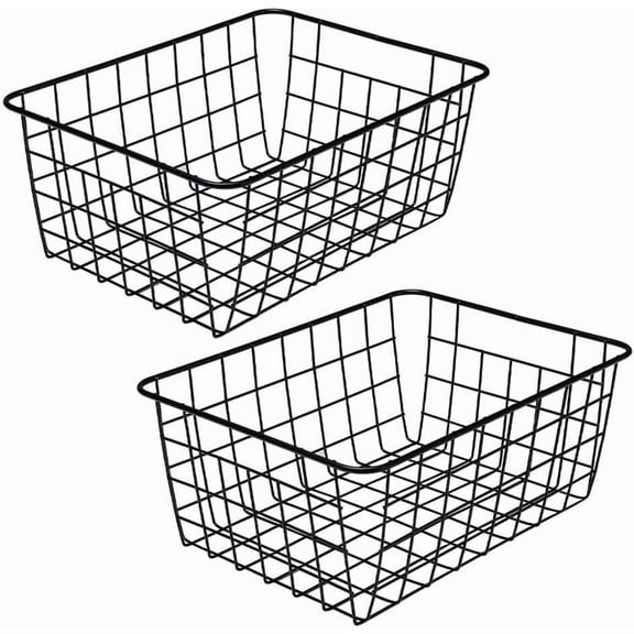 2 Pack Large Wire Basket with Metal Handles, Metal Basket for organizers and storage, Wire Storage Baskets for Pantry, Cabinet, Fridge, Kitchen, Wardrobe, Garage, Bathroom, Black