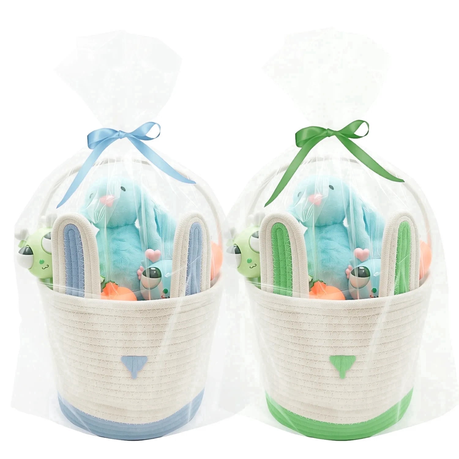 2 Pack Large Woven Easter Baskets for Girls & Boys - Empty Basket with Gift Bags and Ribbons Cute Easter Decorations Bunny Ears Designs (Blue+Green)