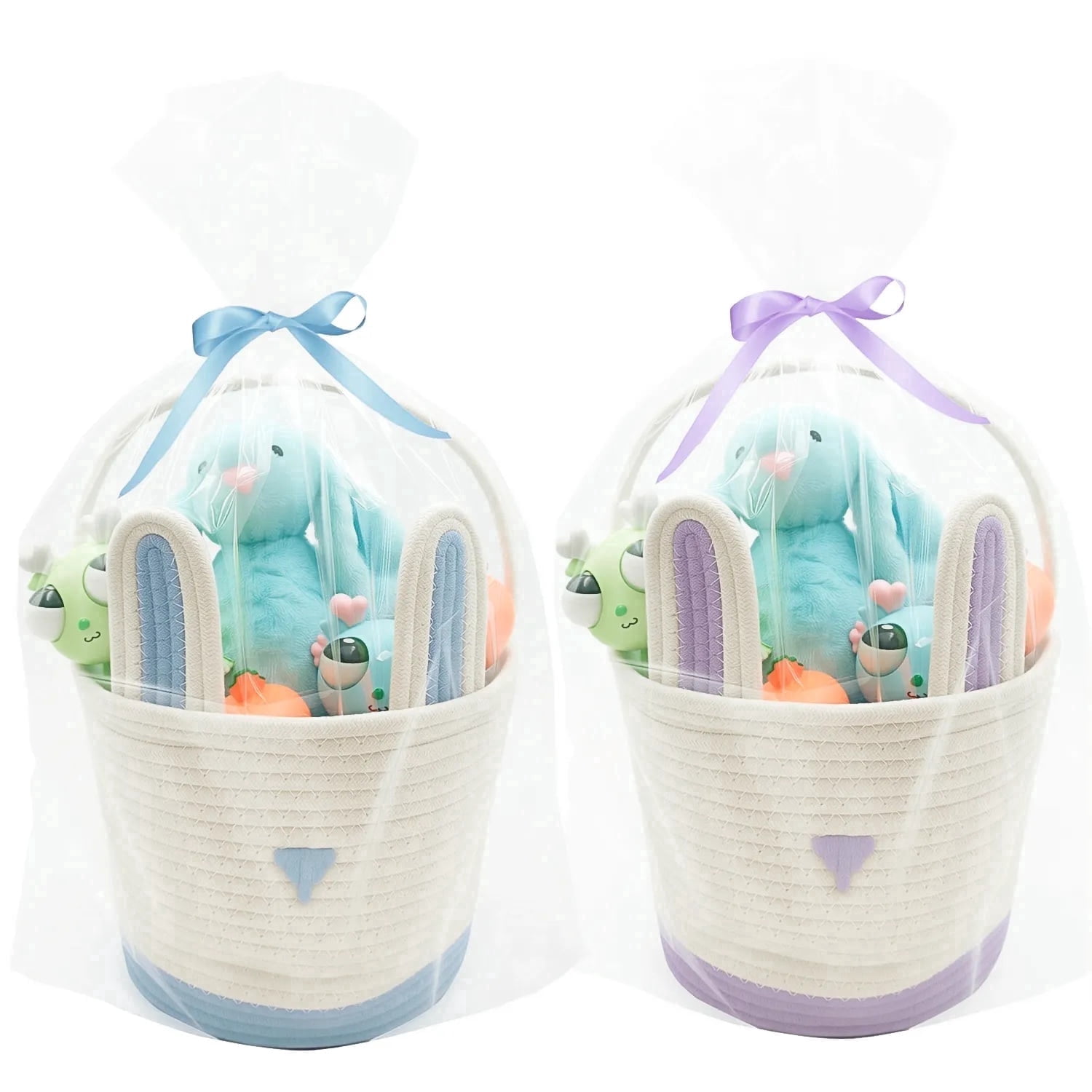 2 Pack Large Woven Easter Baskets for Girls & Boys - Empty Basket with Gift Bags and Ribbons Cute Easter Decorations Bunny Ears Designs (Blue+Purple)