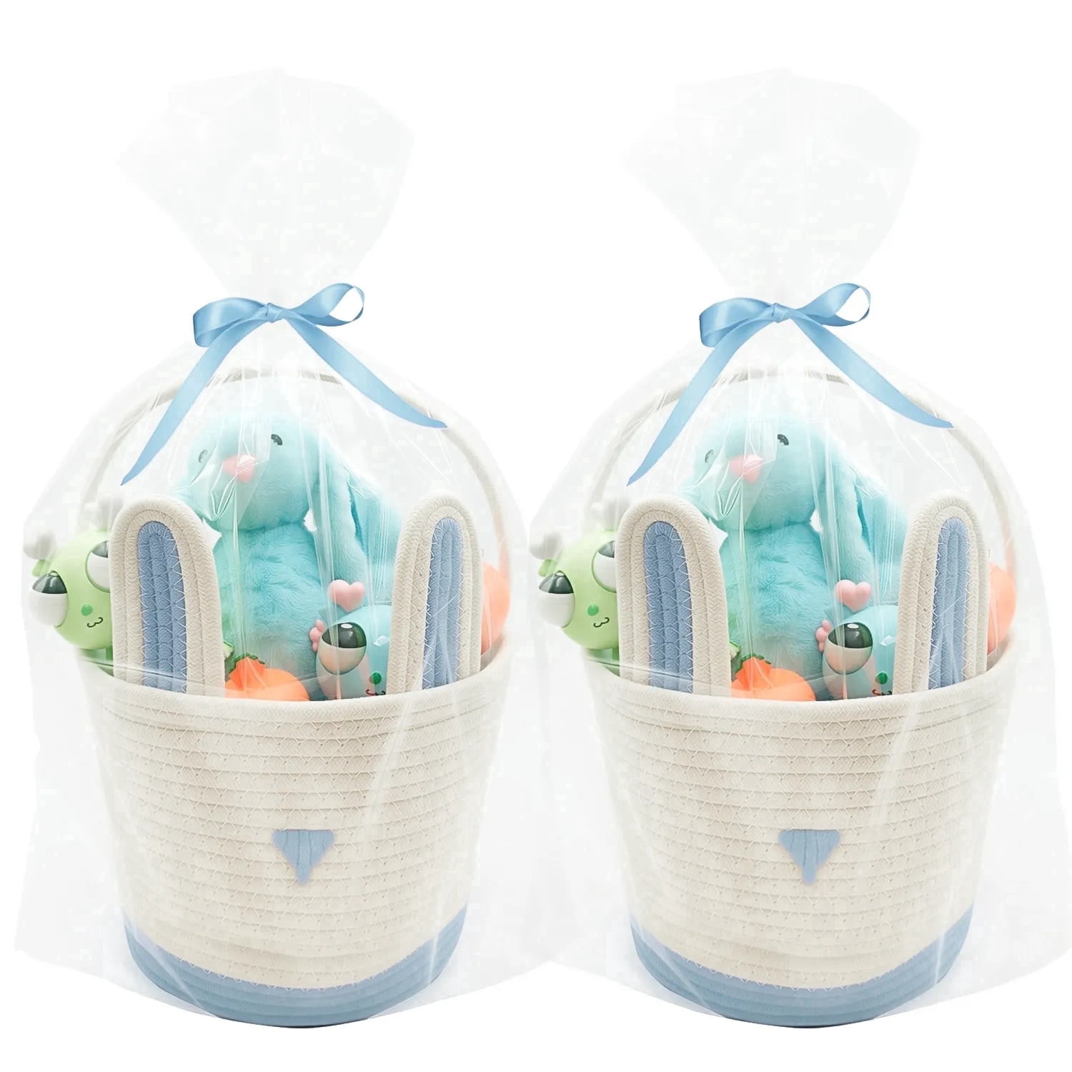 2 Pack Large Woven Easter Baskets for Boys & Kids - Empty Basket with Gift Bags and Ribbons Cute Easter Decorations Bunny Ears Designs (Blue)