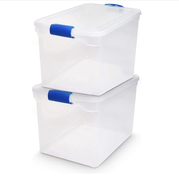 Latching Lid, Large Clear Plastic Storage Bins with Lids, 66 Quart, Blue Latch