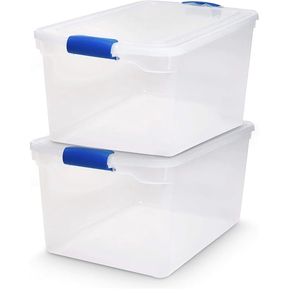2-Pack Latching Lid, Large Clear Plastic Storage Bins with Lids, 66 Quart, Blue Latch - Stackable Container Boxes for Home, Bathroom, and Office Organization