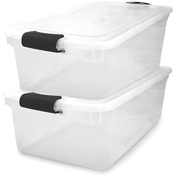 2-Pack Latching Lid, Large Clear Plastic Storage Bins with Lids, 66 Quart, Gray Latch - Stackable Container Boxes for Home, Bathroom, and Office Organization