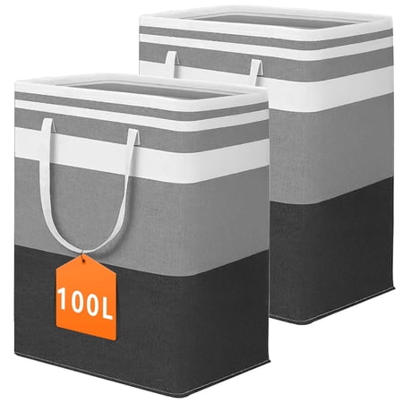 TickJOY 2-Pack 100L Collapsible Laundry Basket with Handles, Large Capacity, Waterproof Freestanding Laundry Hamper, Tall Clothes Hamper for Storage in Dorm, Home, Camping - Gradient Grey