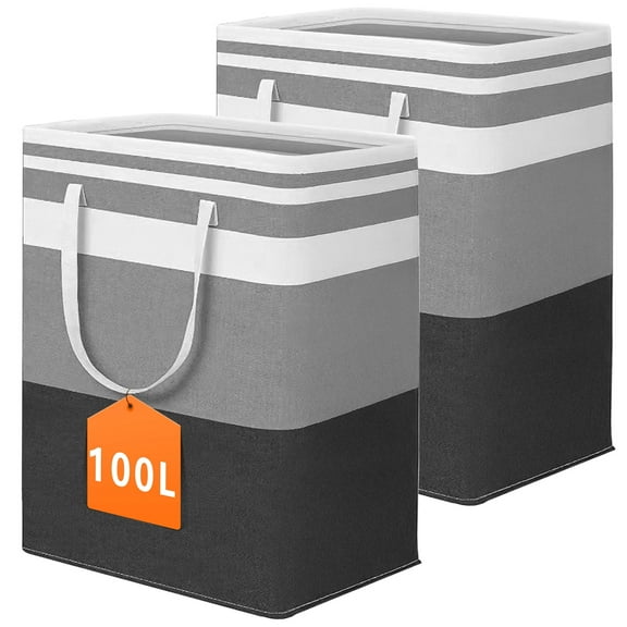TickJOY 2-Pack 100L Collapsible Laundry Basket with Handles, Large Capacity, Waterproof Freestanding Laundry Hamper, Tall Clothes Hamper for Storage in Dorm, Home, Camping - Gradient Grey
