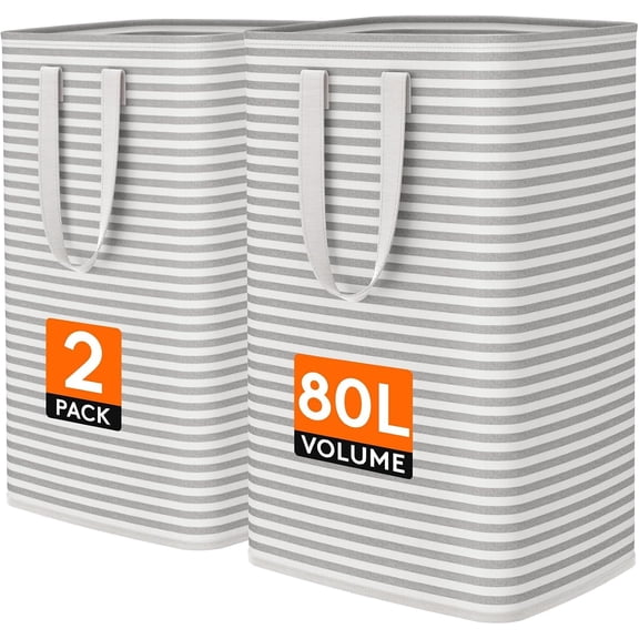 2 Pack Laundry Basket 90L Each, Collapsible Clothes Hamper with Reinforced Handles, Freestanding Waterproof Design for Bedroom and Laundry Room, Grey 180L Total