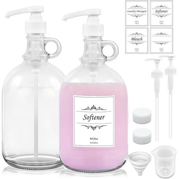 2 Pack Laundry Detergent Dispenser with Pump and Lid, 64 Oz Glass Bottles for Laundry Room Organization and Storage, Fabric Softener Dispenser for Washer